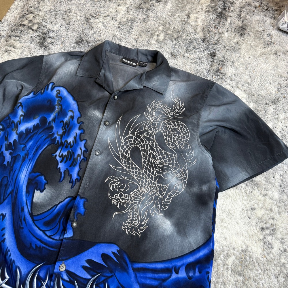 ODO Mens Vintage Y2K Dragon Wave Graphic‎ Button Down Shirt Grey Blue Large